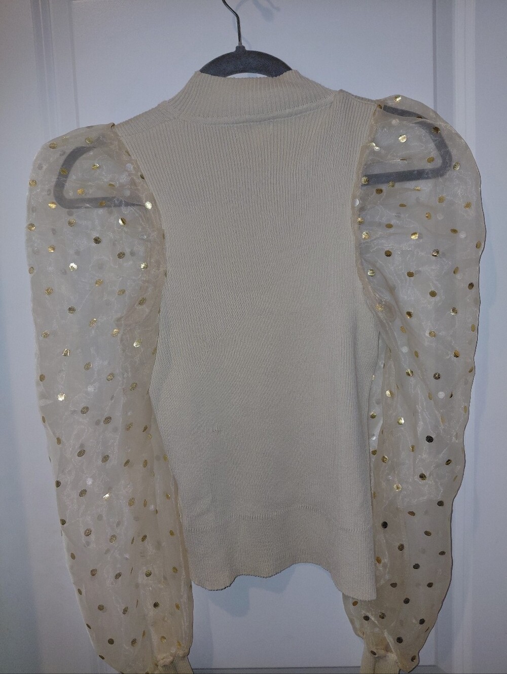 Beige Knit Top with Gold Dot Sheer Puff Sleeves